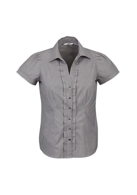 Women's black short sleeve shirt in size 22, featuring a yarn-dyed check pattern, Y-line placket, and elegant darts.