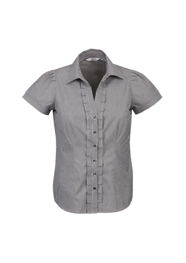 Women's black short sleeve shirt in size 22, featuring a yarn-dyed check pattern, Y-line placket, and elegant darts.