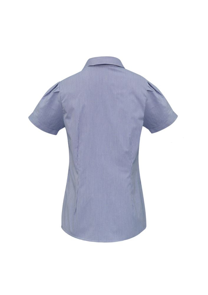 Ladies Edge Short Sleeve Shirt in blue, size 26, featuring a Y-line placket, pleat detail, and comfortable stretch fabric.