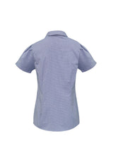 Ladies Edge Short Sleeve Shirt in blue, size 26, featuring a Y-line placket, pleat detail, and comfortable stretch fabric.