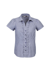 Ladies Edge Short Sleeve Shirt in blue, featuring a stylish yarn-dyed check, Y-line placket, and flattering darts for size 10.