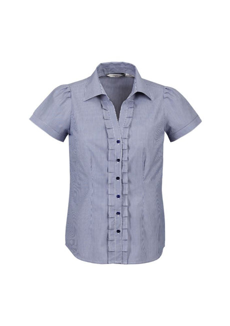 Ladies Edge Short Sleeve Shirt in blue, featuring a stylish yarn-dyed check, Y-line placket, and flattering darts for size 10.