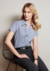 Ladies Edge Short Sleeve Shirt in black, size 22, featuring a check pattern, Y-line placket, and elegant waist darts for a flattering fit.