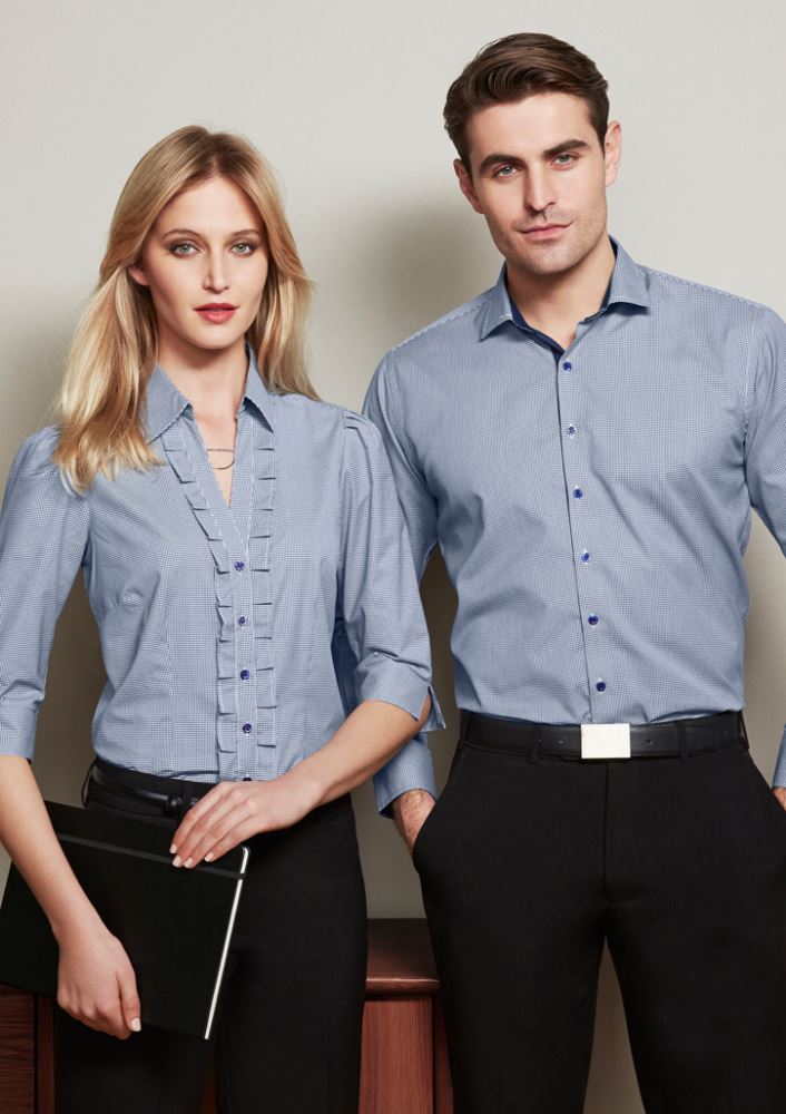 Mens Edge Long Sleeve Shirt in blue, Size 5XL, featuring yarn-dyed check pattern, contrast trim, and a functional pocket.
