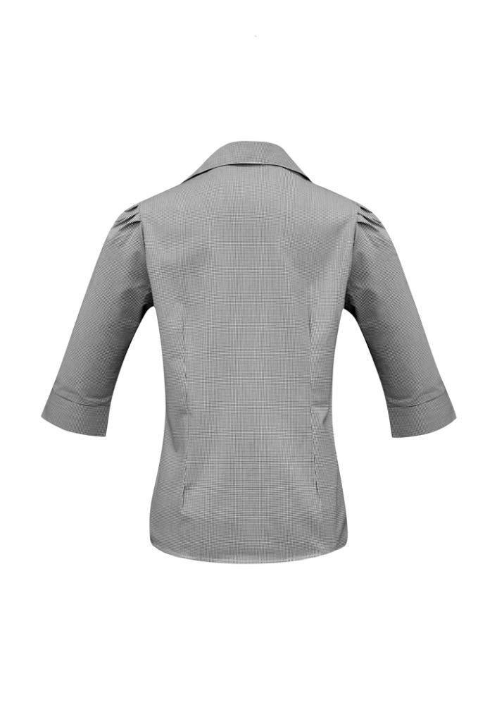 Stylish black 3/4 sleeve shirt for ladies, featuring a chic check pattern, elegant placket, and flattering fit in size 6.