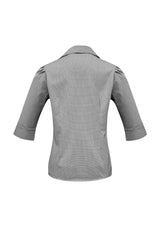 Ladies Edge 3/4 sleeve black shirt, size 12, featuring stylish Y-line placket and a flattering fit with mechanical stretch.