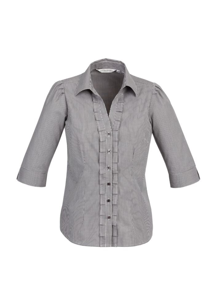 Ladies Edge 3/4 sleeve black shirt in size 8, featuring Y-line placket, darts for shape, and comfortable polyester-cotton blend.