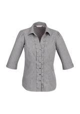 Ladies Edge 3/4 sleeve black shirt in size 8, featuring Y-line placket, darts for shape, and comfortable polyester-cotton blend.