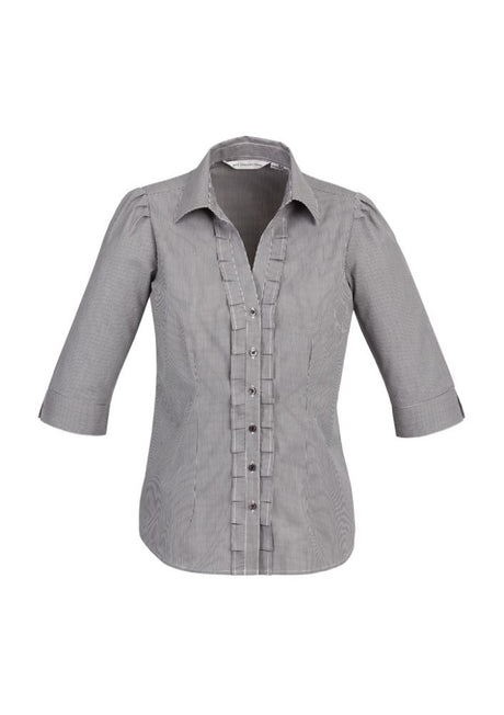 Ladies Edge 3/4 sleeve black shirt in size 8, featuring Y-line placket, darts for shape, and comfortable polyester-cotton blend.