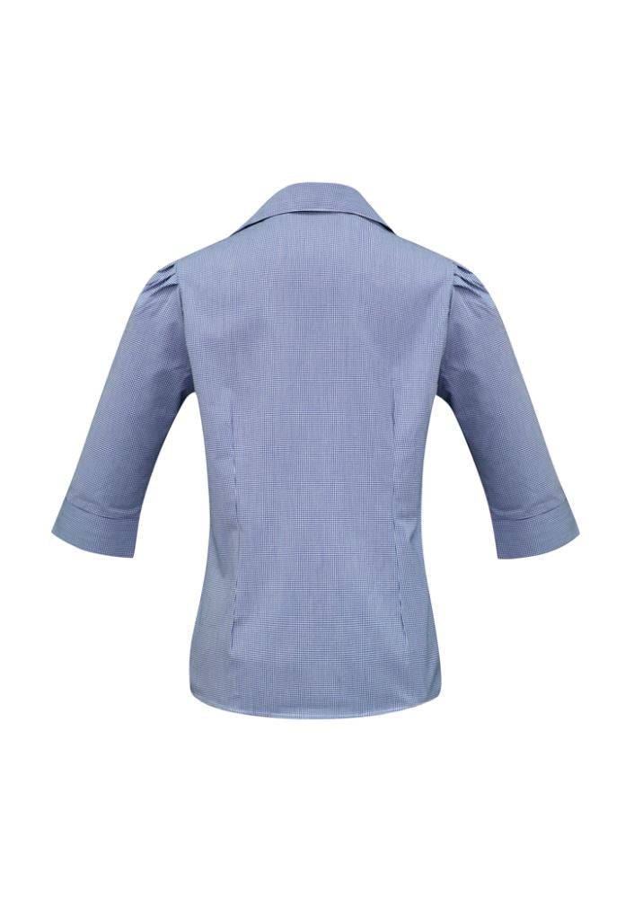 Ladies Edge 3/4 Sleeve Shirt in blue, size 12, featuring a yarn-dyed check pattern and elegant fit with darts.