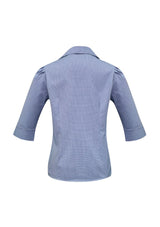 Ladies Edge 3/4 Sleeve Shirt in blue, size 12, featuring a yarn-dyed check pattern and elegant fit with darts.