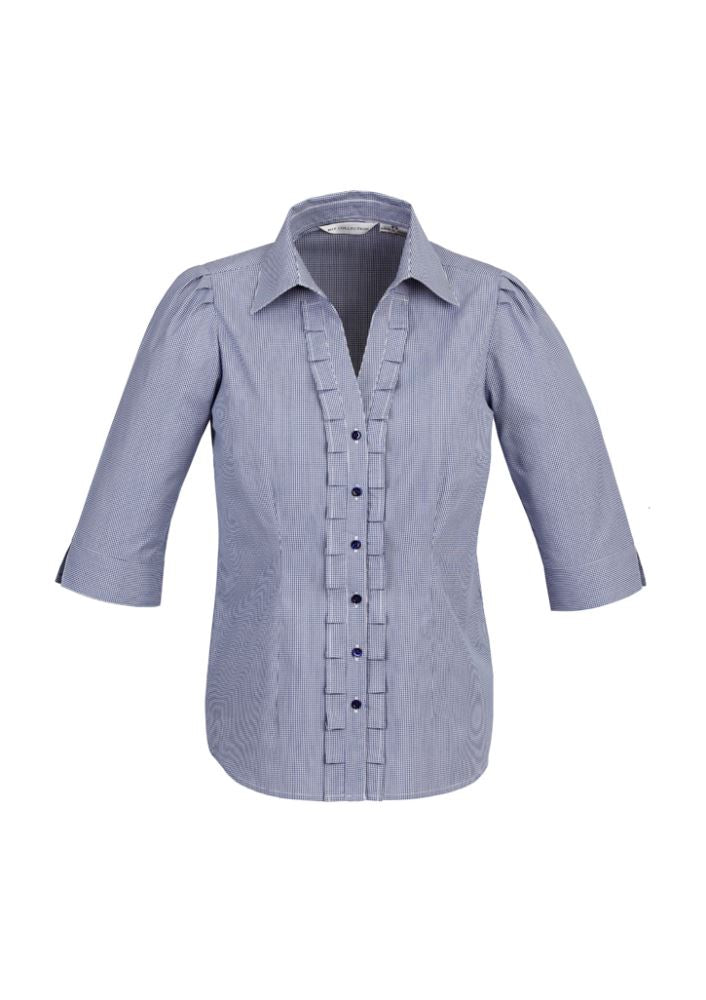 Ladies Edge 3/4 Sleeve Shirt in vibrant blue, featuring Y-line placket and waist darts for an elegant fit, Size 10.