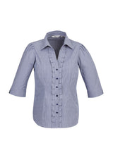 Ladies Edge 3/4 Sleeve Shirt in blue, size 12, featuring a yarn-dyed check pattern and flattering tailored fit.
