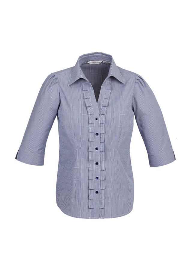 Ladies Edge 3/4 Sleeve Shirt in blue, size 12, featuring a yarn-dyed check pattern and flattering tailored fit.