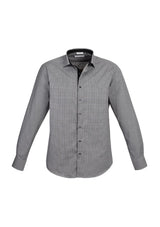 Men's Edge Long Sleeve Shirt in black, size 5XL, featuring yarn-dyed check, mechanical stretch, and stylish contrast trim.