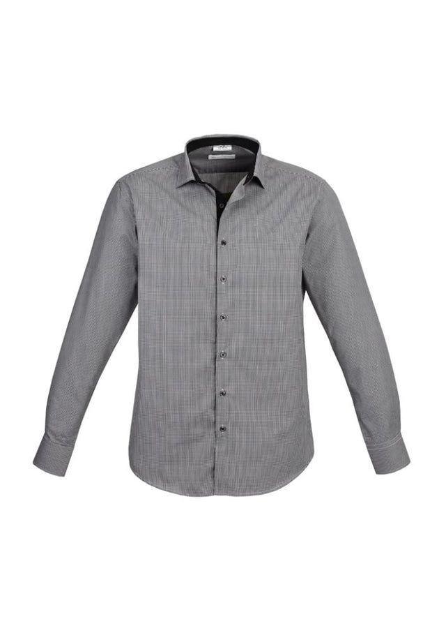 Men's Edge Long Sleeve Shirt in black, size 5XL, featuring yarn-dyed check, mechanical stretch, and stylish contrast trim.