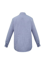 Men's Edge Long Sleeve Shirt in blue, size S, features a check pattern, mechanical stretch, and contrast trim for style and comfort.