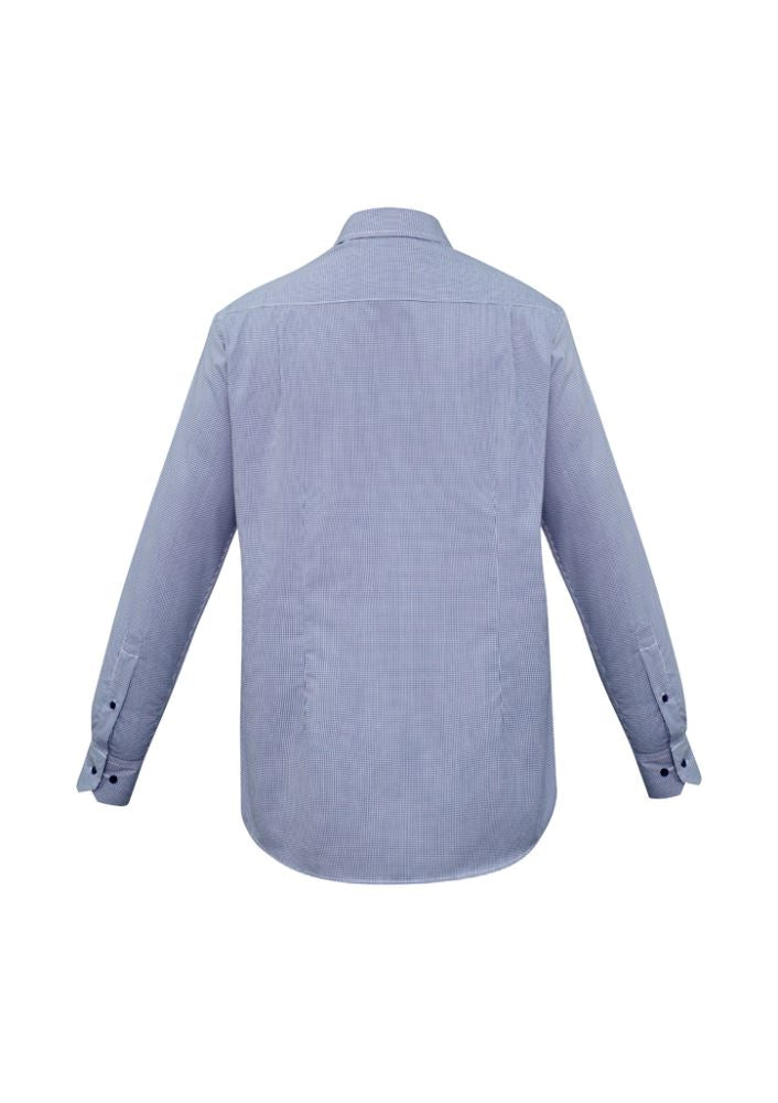 Men's blue long sleeve shirt in Size 5XL with yarn-dyed check, contrast trim, and a functional pocket by Biz Collection.