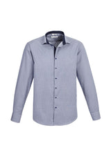 Men's blue long sleeve shirt with check pattern, contrast trim, and loose pocket; perfect for business casual style. Size M.
