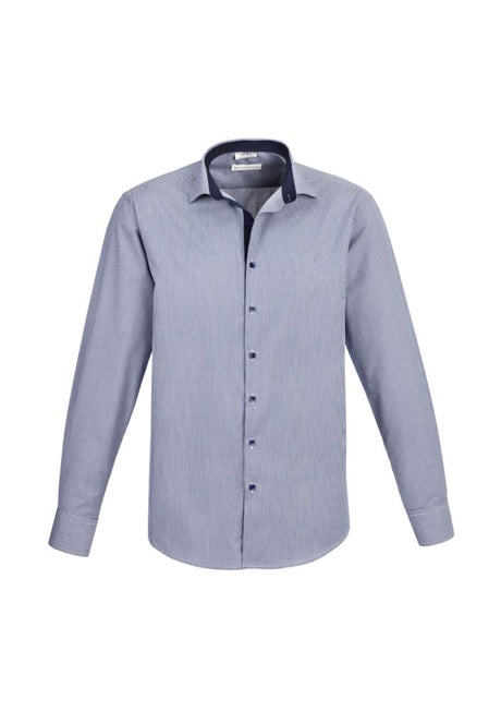 Mens Edge Long Sleeve Shirt in blue for Size 5XL, featuring yarn-dyed check pattern, contrast trim, and a functional pocket.