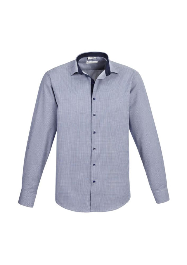 Men's XL Edge Long Sleeve Shirt in blue featuring a yarn-dyed check pattern, mechanical stretch fabric, and contrast trim details.