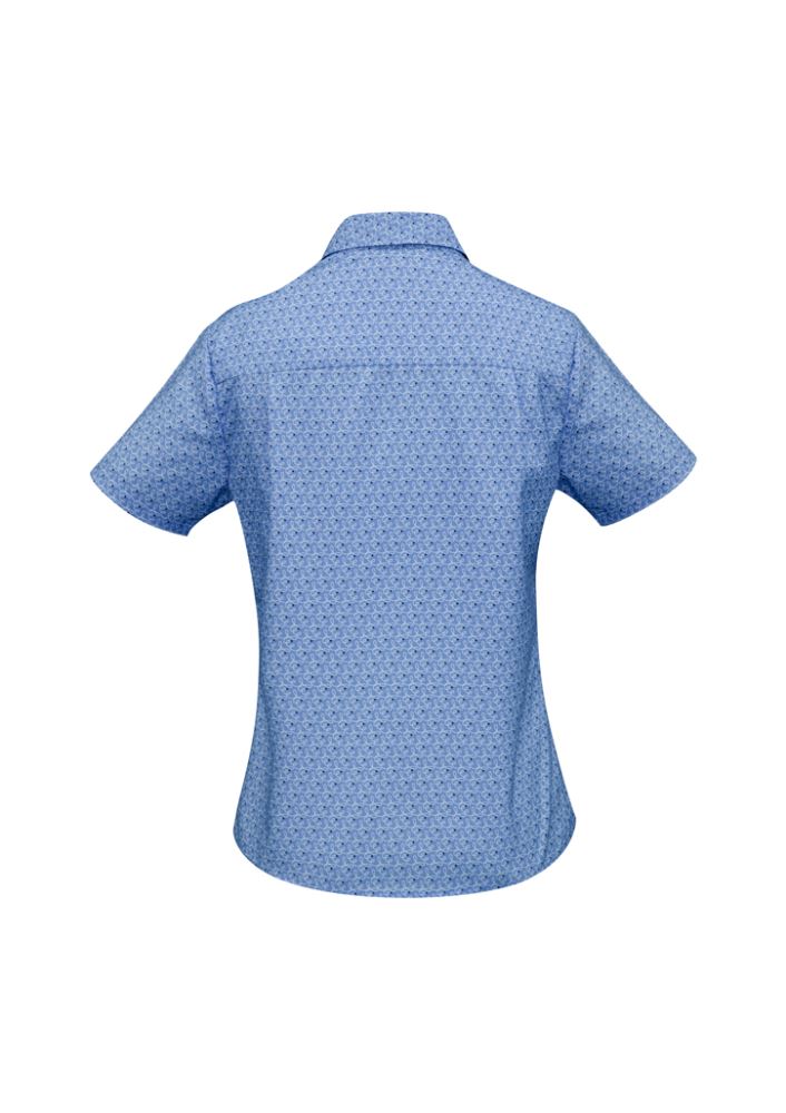 Ladies Printed Oasis Short Sleeve Shirt in Mid Blue, Size 24, featuring breathable fabric, UPF protection, and a stylish fit.