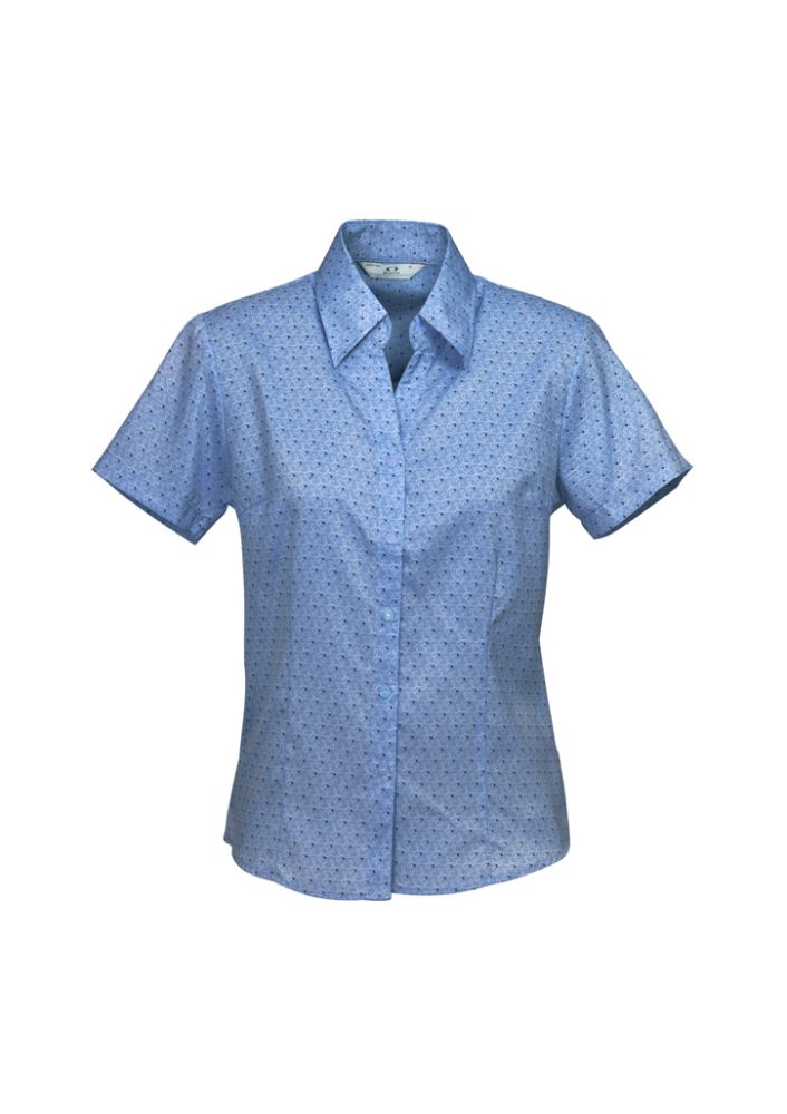 Ladies Mid Blue Printed Oasis Short Sleeve Shirt, size 24, with breathable fabric, UPF protection, and chic design.