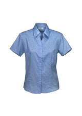 Ladies Mid Blue Printed Oasis Short Sleeve Shirt, size 24, with breathable fabric, UPF protection, and chic design.