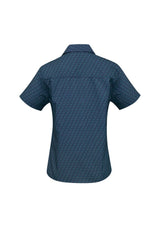 Navy ladies' short sleeve shirt in size 20, featuring breathable fabric, UPF protection, and a stylish curved hem.