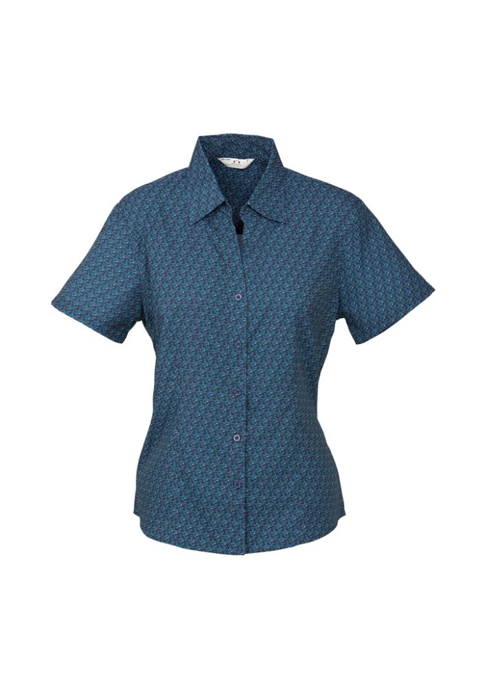 Ladies navy printed short sleeve shirt, size 10, featuring open neckline, twin pleats, and breathable performance fabric.