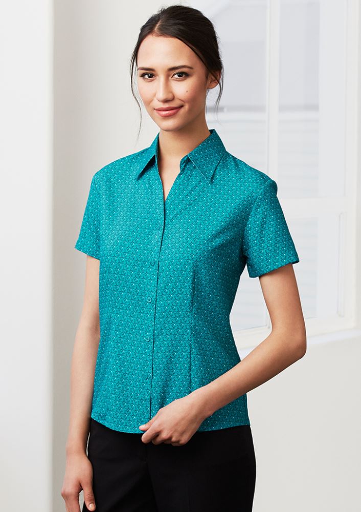 Navy short sleeve shirt for women size 14, featuring breathable fabric, elegant print, and versatile curved hemline.
