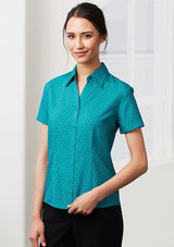 Navy short sleeve shirt for women size 14, featuring breathable fabric, elegant print, and versatile curved hemline.