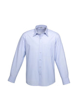 Mens Ambassador Long Sleeve Shirt in blue, XL size, featuring yarn-dyed stripes, UPF protection, and adjustable cuff details.