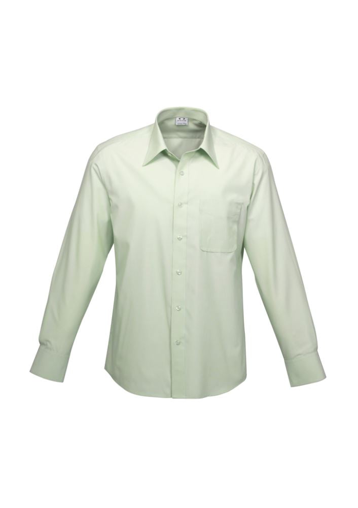 Men's green long sleeve shirt by Biz Collection, featuring yarn-dyed stripes, adjustable cuffs, and ideal for casual or professional wear.