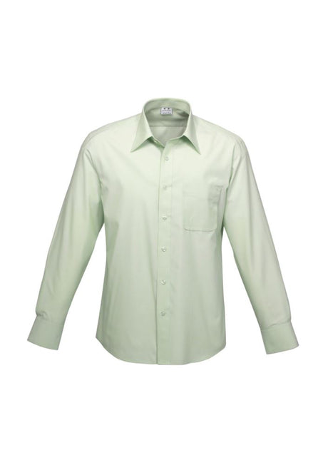Mens Ambassador Long Sleeve Shirt in green, size M, featuring a stylish stripe, adjustable cuffs, and UV protection.