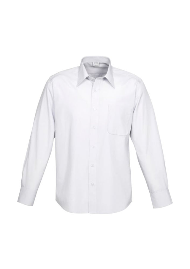 Men's white long sleeve shirt in size 4XL, crafted from a soft polyester-cotton blend with yarn-dyed stripes and adjustable cuffs.