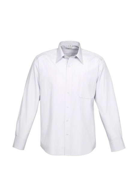 Men's 5XL Ambassador Long Sleeve Shirt in white, featuring yarn-dyed stripes, easy-iron fabric, and adjustable cuffs for comfort.