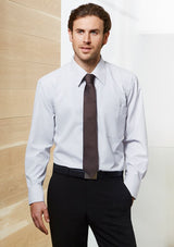 Men's green long sleeve shirt from Biz Collection, featuring yarn-dyed stripes, adjustable cuffs, and excellent UPF protection.