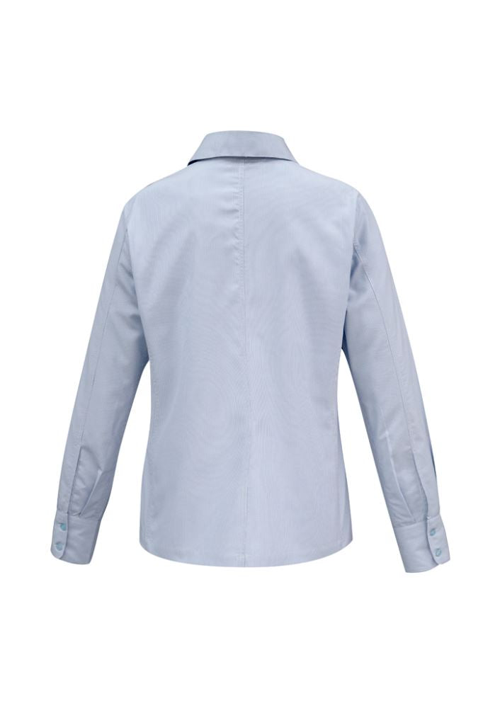 Ladies long sleeve blue shirt in size 20, featuring a yarn-dyed stripe, UPF protection, and elegant fit enhancements.