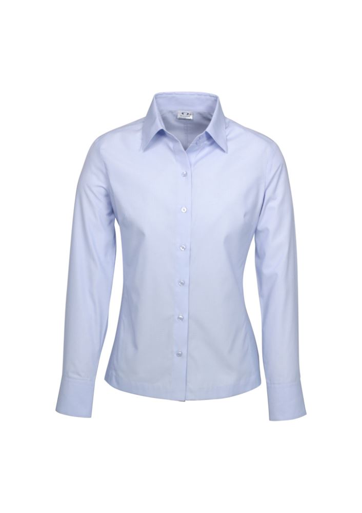Ladies blue long sleeve Ambassador shirt, size 16, featuring tailored fit, elegant design, and excellent UPF protection.