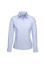 Ladies Ambassador Long Sleeve Shirt in blue, size 20, featuring yarn-dyed stripes, easy-care fabric, and UPF protection.