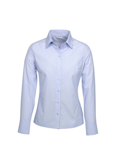 Ladies Ambassador Long Sleeve Shirt in blue, size 20, featuring yarn-dyed stripes, easy-care fabric, and UPF protection.