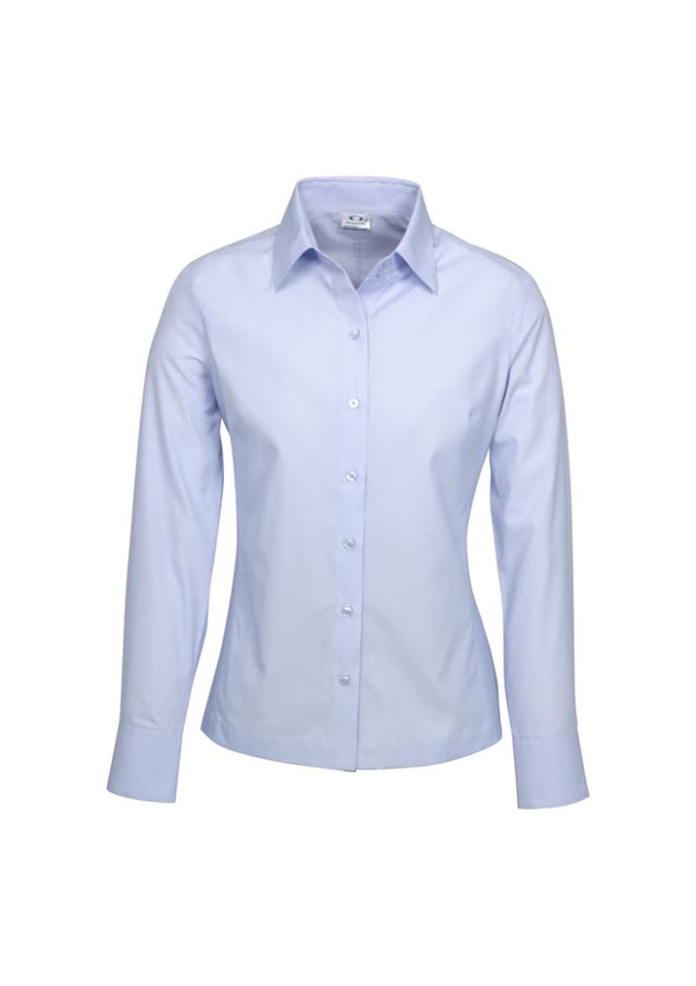 Ladies Ambassador Long Sleeve Shirt in blue, size 20, featuring yarn-dyed stripes, easy-care fabric, and UPF protection.