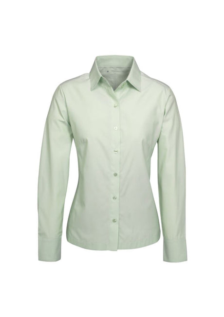 Ladies green long sleeve shirt by Biz Collection with subtle stripes, tailored fit, UPF protection, and comfortable fabric in size 10.