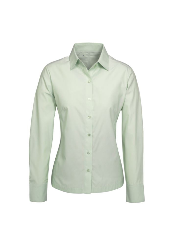 Ladies Ambassador Long Sleeve Shirt in green, size 18, featuring chic stripe, UPF protection, and flattering fit details.