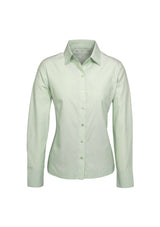 Ladies Ambassador Long Sleeve Shirt in green, size 18, featuring chic stripe, UPF protection, and flattering fit details.