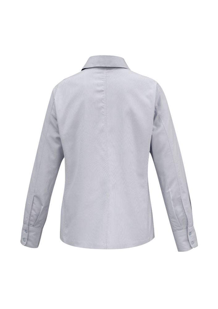 Elegant silver grey women's long sleeve shirt with yarn-dyed stripes, bust darts, and excellent UPF protection, Size 20.