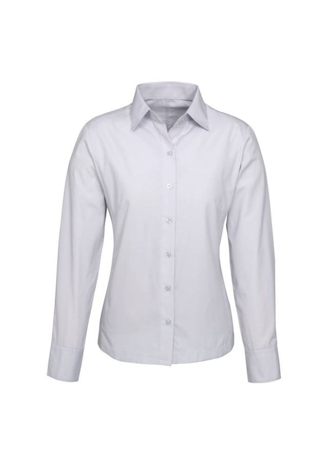 Ladies Ambassador Long Sleeve Shirt in Silver Grey, size 10, featuring a refined striped pattern and a tailored fit.