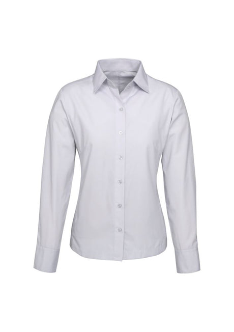 Elegant silver grey long sleeve shirt for women, featuring yarn-dyed stripes, UPF protection, and a tailored fit in size 20.
