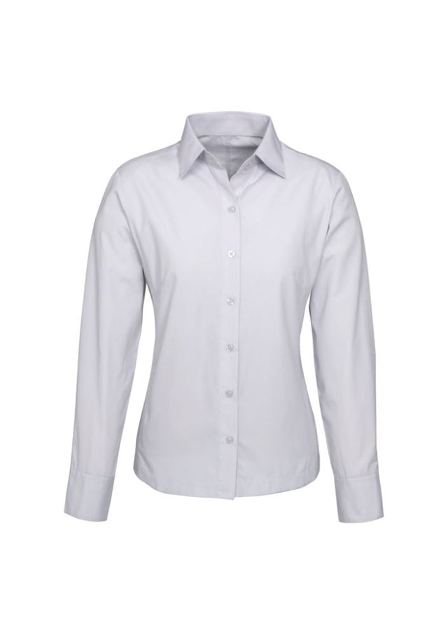 Elegant silver grey long sleeve shirt for women, featuring yarn-dyed stripes, UPF protection, and a tailored fit in size 20.